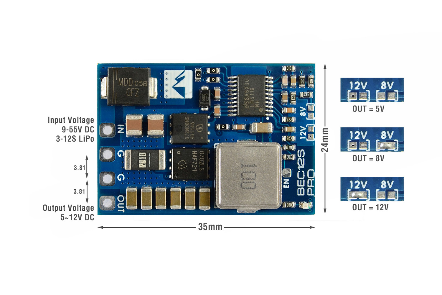 Модуль питания BEC12S-PRO, 9-55V to 5V/8V/12V-5A